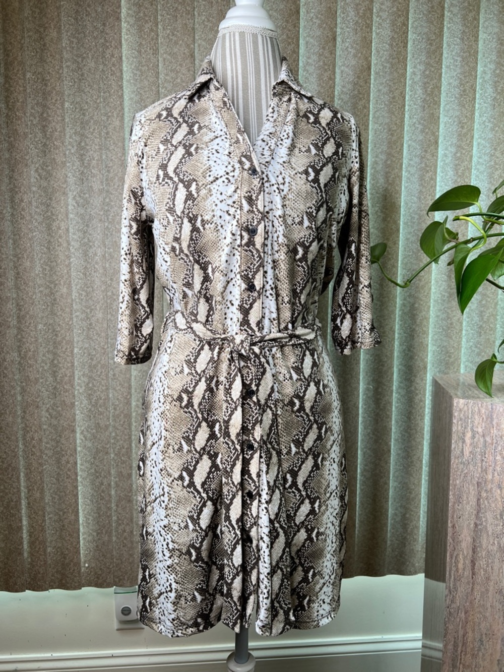 Birch and Stone Snake Print Midi Shirt Dress in Neutral Tones S-L